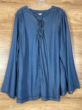 CATO Tencel Denim Tunic Top 26/28W Plus Size Lace Up V-Neck Blue Long Sleeve